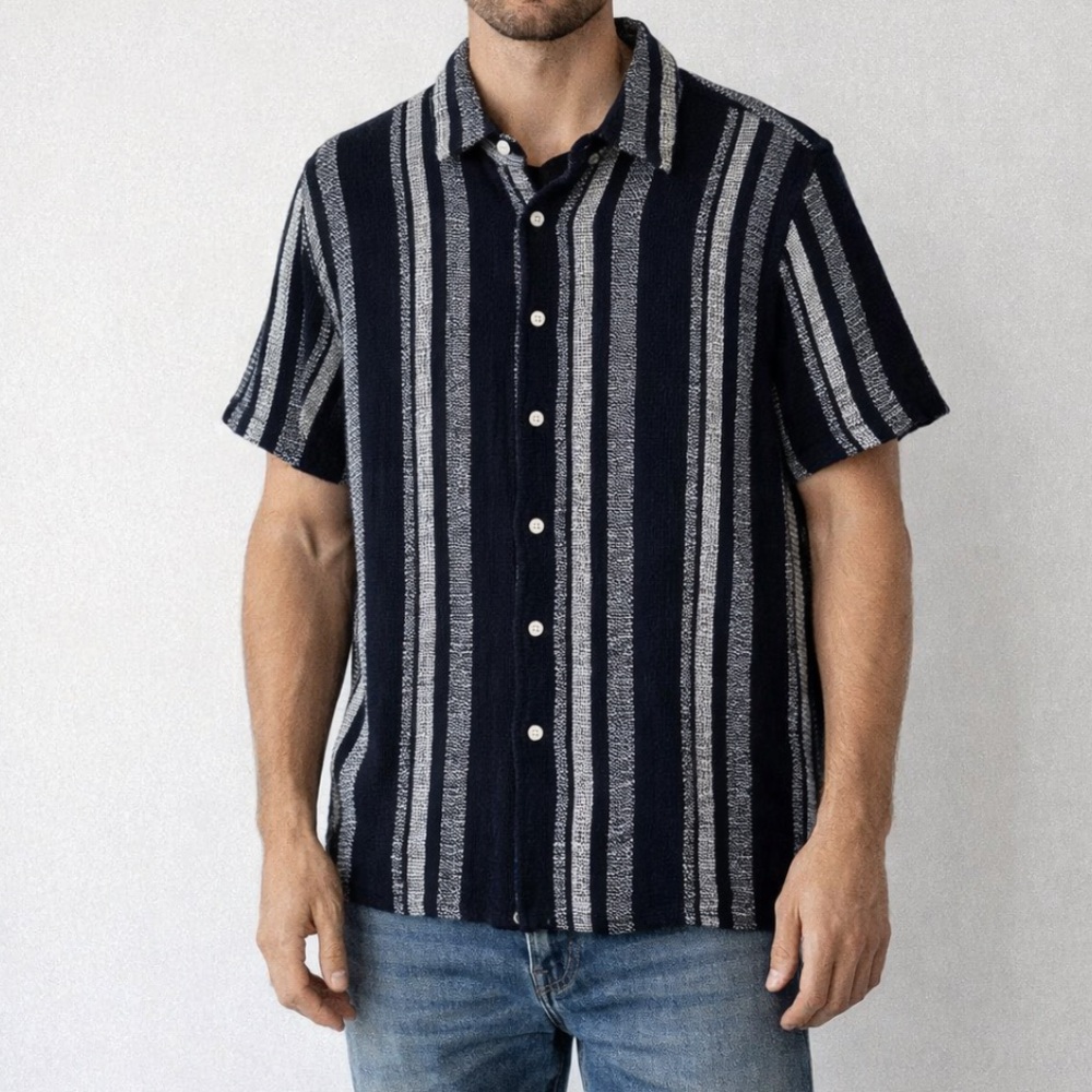 Zara Men’s Black And White Stripe Jacquard Textured Short Sleeve XL Shirt Button